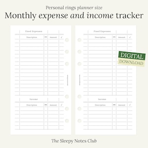 May include: A printable monthly expense and income tracker for personal rings planner size. The tracker has sections for fixed expenses, income, and a checkmark column.
