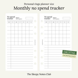 Può includere: Un tracker mensile di spesa stampabile per planner ad anelli di dimensioni personali. Il tracker ha una griglia per ogni giorno del mese e spazio rigato per appunti. Il testo "No spend tracker" e "Registro de cero gastos" è stampato nella parte superiore della pagina.