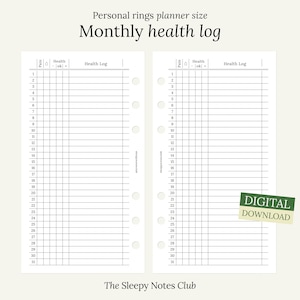 Puede incluir: Un registro de salud mensual imprimible diseñado para planificadores de anillos personales. El registro tiene dos páginas, cada una con una columna para la fecha y una columna para notas de salud. El texto "Health Log" está impreso en la parte superior de cada página.