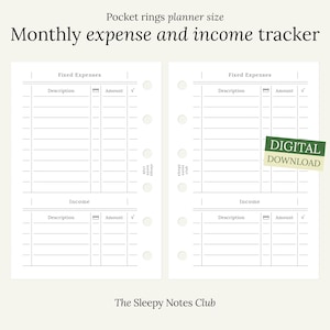 Op de afbeelding: Een printbare maandelijkse uitgaven- en inkomsten-tracker voor zakformaat planners. De tracker is verdeeld in twee secties: vaste uitgaven en inkomsten. Elke sectie heeft kolommen voor beschrijving en bedrag. De tracker is ontworpen om u te helpen uw uitgaven en inkomsten bij te houden.