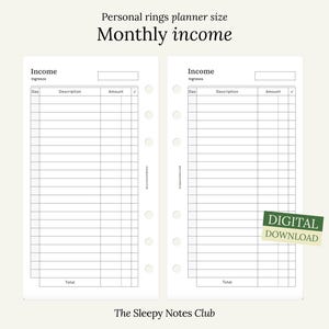 May include: A printable planner page for tracking monthly income. The page is divided into columns for day, description, amount, and a checkmark. The page is labeled "Income" and "Total".