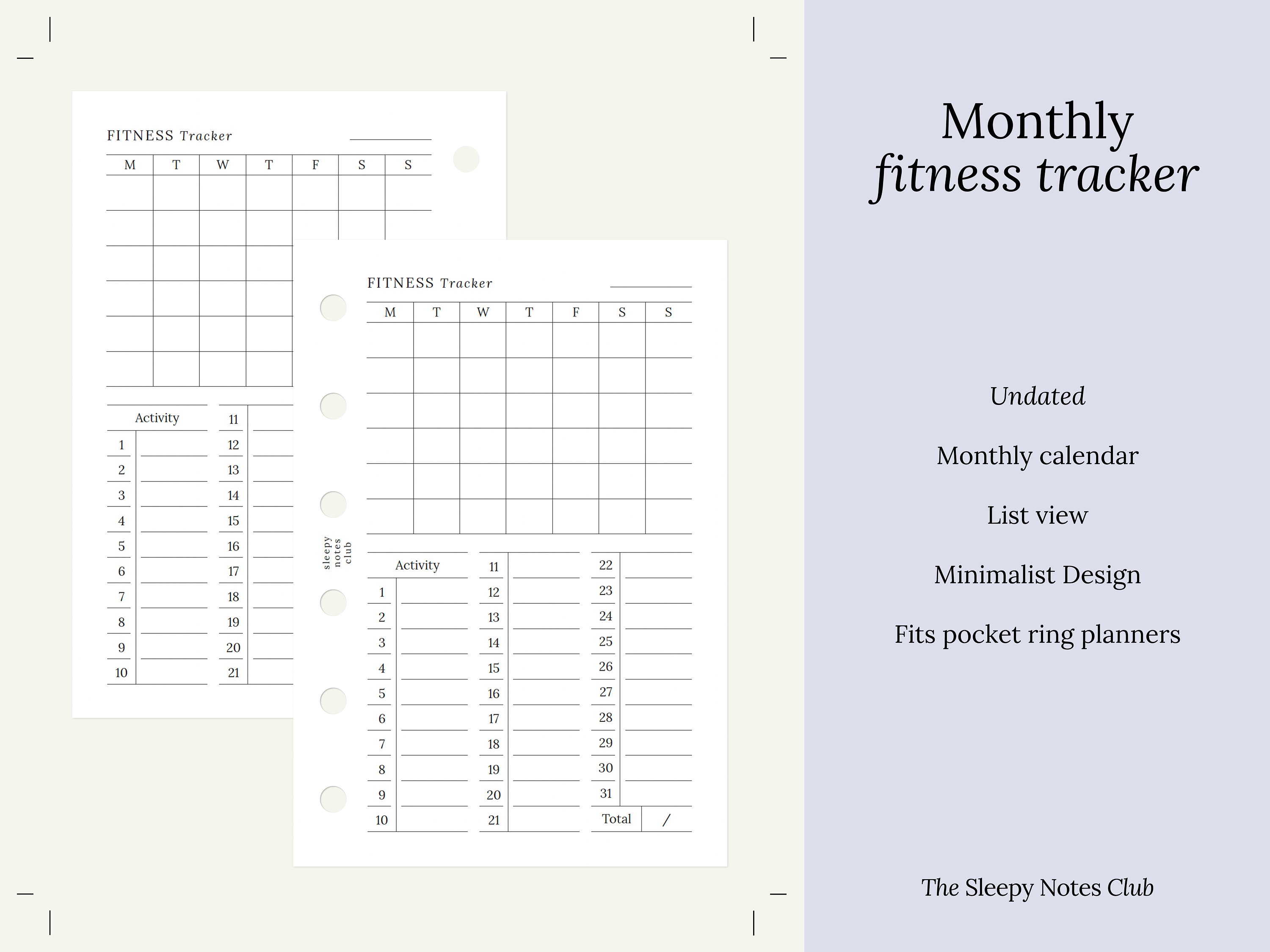 10 Pocket Size Printable – Monthly Fitness Tracker– Pocket Ring Planner ...