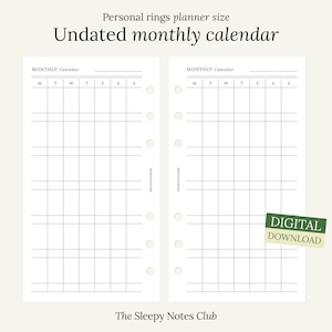 May include: A printable undated monthly calendar designed for personal ring planners. The calendar has a grid layout with spaces for each day of the week. The text "MONTHLY Calendar" appears at the top of each page. The text "DIGITAL DOWNLOAD" appears in a green box at the bottom right corner of the page.