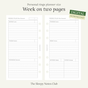 01 Personal size printable – Undated Week on Two Pages – Printable Insert, Weekly Planner, Personal ring planner insert, Minimal planner