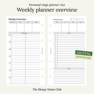 Op de afbeelding: Wekelijkse planner overzicht voor persoonlijke ringen, met een spread van twee pagina's. De linkerpagina heeft een wekelijks overzicht, en de rechterpagina heeft secties voor taken en notities. De tekst "DIGITAL DOWNLOAD" is zichtbaar.