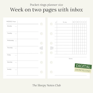 02 Pocket size printable – Undated Week on Two Pages with Inbox – Weekly Planner, Pocket rings insert, Minimal planner, Weekly inbox