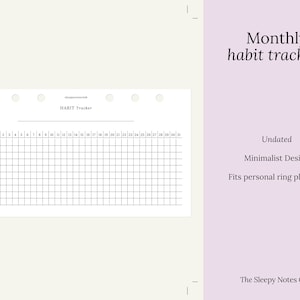 May include: A printable monthly habit tracker with a minimalist design. The tracker is undated and fits personal ring planners. The text "HABIT Tracker" is at the top of the page.