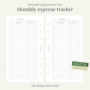 15 hojas imprimibles de tamaño personal: rastreador de gastos mensuales, planificador de anillos personal, finanzas mensuales mínimas, inserto de seguimiento de facturas, planificador de anillos