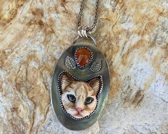 Porcelain, face, cat, sterling silver, kitten, Spessartine Garnet, gemstone, leaves, pet, spirit animal, totem, gift