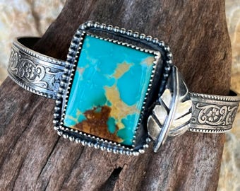 Kingman turquoise, sterling silver,  cuff, bracelet, gemstone, rope accent, gift, jewelry, leaf