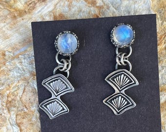 sterling silver, earrings, post, jewelry, boho, gift, hand stamped, pattern, moonstone, gemstone