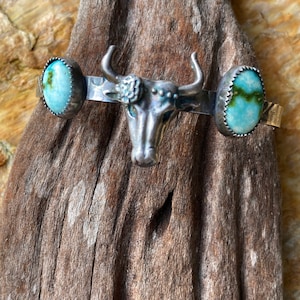Sterling,Bull, cow, flower,longhorn,bracelet, cuff, sonoran gold, turquoise, southwest,animal, totem