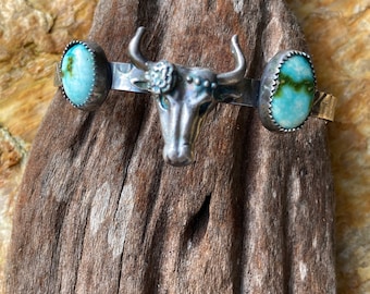 Sterling,Bull, cow, flower,longhorn,bracelet, cuff, sonoran gold, turquoise, southwest,animal, totem