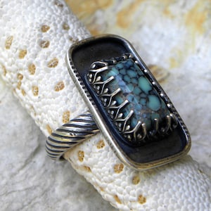 May include: A silver ring with a rectangular turquoise stone set in a dark frame. The stone has a unique, mottled pattern of blue and brown. The ring band has a twisted design, adding texture to the jewelry.