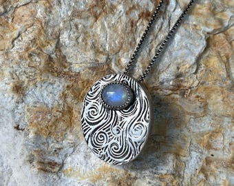 Sterling silver, hollow, form, pendant, moonstone, swirls, moonstone, gift