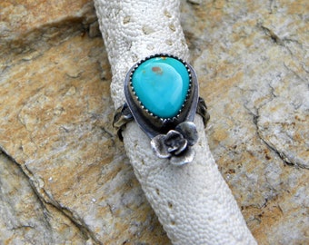 Royston turquoise sterling silver ring with succulent flower, size 7.5