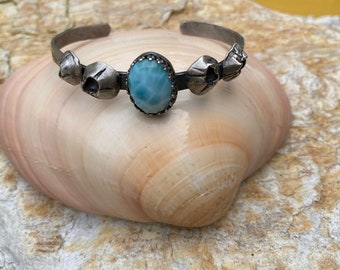 Sterling silver, fine silver, barnacles, larimar, cuff, bracelet, mermaid, gemstone