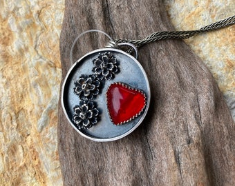 flowers, red, heart, rosarita, sterling silver, Valentine, jewelry, necklace, pendant