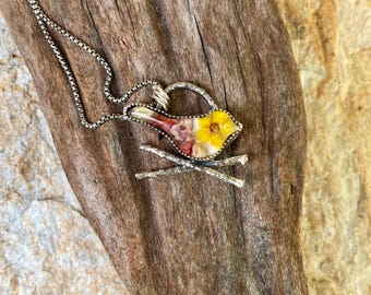 sterling silver, resin, bird, flowers, twigs, branches, pendant, necklace, jewelry, gift