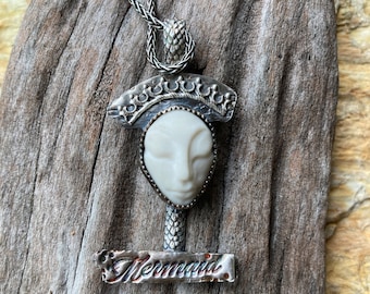 Porcelain, face, mermaid, sterling silver, crown, ocean, sea inspired jewelry