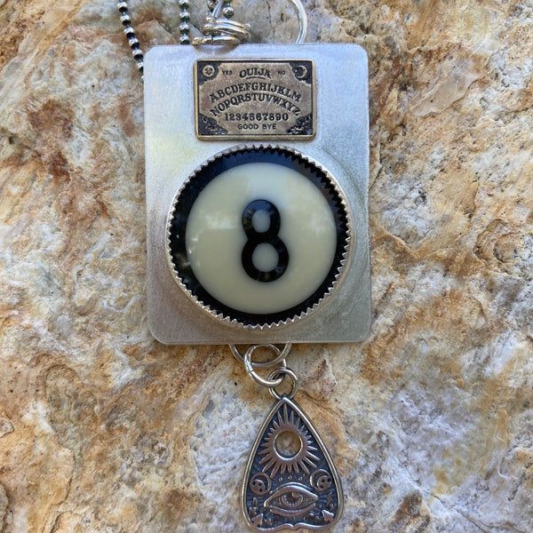 sterling silver, jewelry, necklace, pendant, pool ball, eight, ouija, tarot, goth, witchy, billiard, number, lucky, spirit, planchette