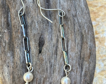 Pearl, paper clip chain, sterling silver, earrings, dangle