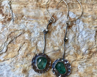 Sterling silver, dangle, earrings, green, kyanite, gemstones, metalsmith