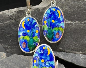 Handmade Silver Cloisonne Enamel Jewelry Set, Starry Night Earrings and Ring