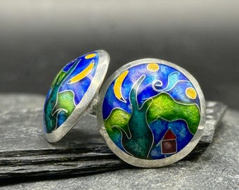 Handmade Silver Cloisonne Enamel  Earrings “Starry Night” – Van Gogh Inspired Minankari Jewelry