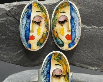 Handmade Silver Cloisonne Enamel Jewelry Set – Georgian Minankari Earrings Ring