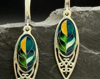 Handmade Sterling Silver Cloisonne Enamel Green Earrings, Georgian Minankari Jewelry
