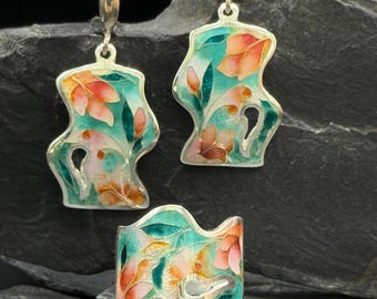 Spring Swan Minanqari Jewelry Set – Handmade Silver Enamel Earrings & Ring. Gift For her