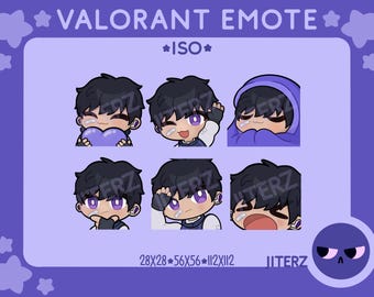 May include: A purple graphic with the text "VALORANT EMOTE" and "*ISO*". It features six cartoon emotes of a character with black hair and purple eyes, each with a different expression. The dimensions are listed as 28x28, 56x56, and 112x112.