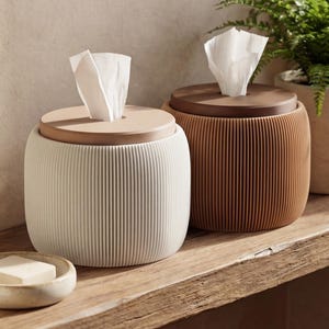 Op de afbeelding: Twee tissueboxhouders, één crème en één bruin, staan op een houten plank. Elk heeft een rond, lichtgekleurd deksel en een geribbelde, cilindrische behuizing. Opgerolde handdoeken en een potvaren zijn ook aanwezig.