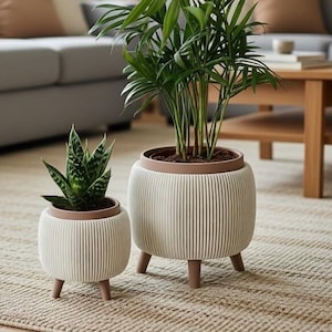 May include: Two cream-coloured, ribbed plant pots with brown trim and legs, each containing a green plant. The pots are different sizes and are placed on a beige rug. A grey sofa and wooden coffee table are in the background.