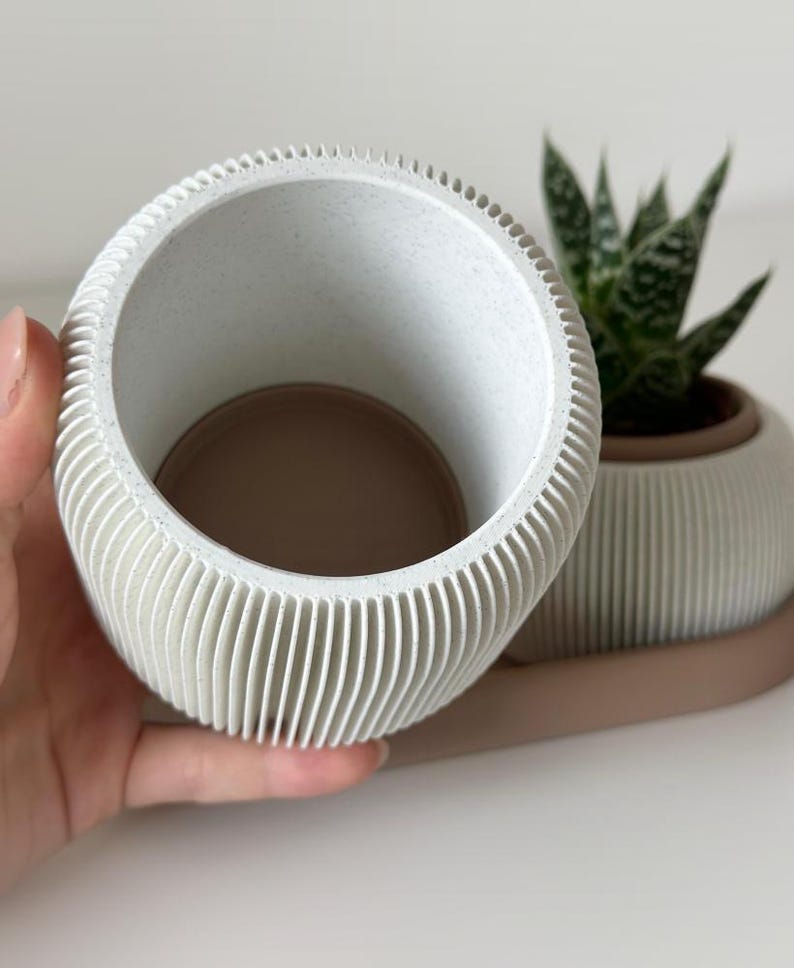 May include: A white, ribbed ceramic planter with a speckled interior. The planter is held in a hand and has a matching saucer. A second planter with a small succulent plant is also visible. The planters are a neutral colour, suitable for various home decor styles.