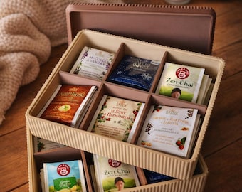 Organizzatore per bustine di tè con scomparti e coperchio, contenitore moderno e personalizzato per cucina per forbici e bustine di tè di piccole dimensioni
