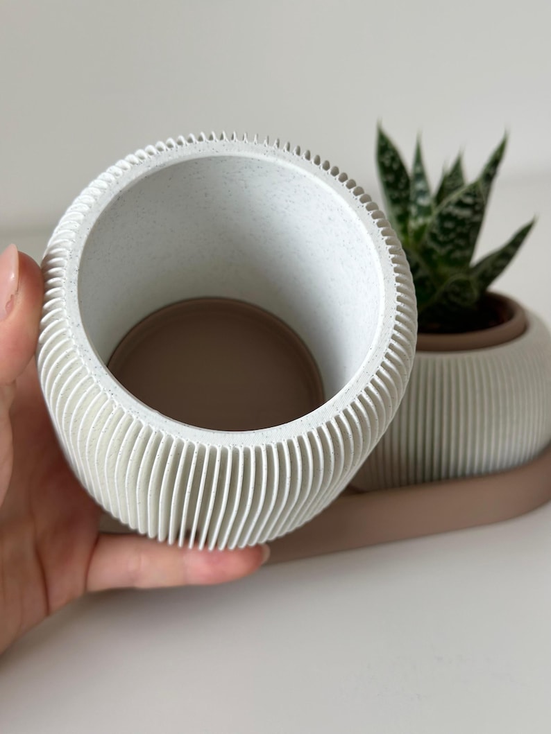 May include: A white, ribbed planter with a speckled interior is held in a hand. The planter sits on a matching tray. Another planter with a succulent plant is in the background. The planters are a neutral colour.