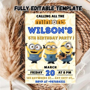 Editable Minions Kids Birthday Invitation, Minions Themed Birthday Invite, Minions Instant Digital Download Minions Birthday Party Invite.