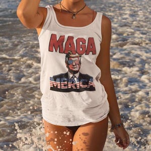 Trump Tank Top, Patriotic Unisex Jersey Tank with MAGA Design, Perfect for Summer, 4th of July, BBQs, Political Events, Casual Wear