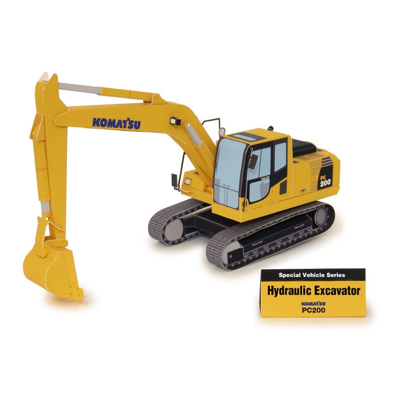 May include: A yellow Komatsu PC200 hydraulic excavator model. The model features a detailed design with a movable arm and bucket. The text "KOMATSU" is visible on the arm. A box with the text "Hydraulic Excavator" and "PC200" is also present.