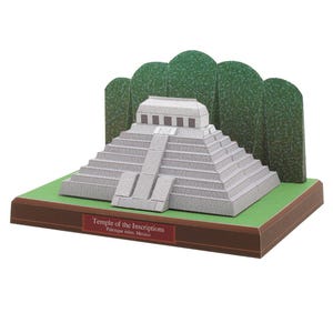 May include: A miniature model of the Temple of the Inscriptions, a Mayan pyramid. The model is gray with a detailed staircase and roof. The base is brown with green grass and a sign that reads "Temple of the Inscriptions, Palenque ruins, Mexico."