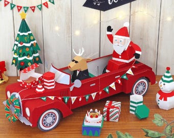 Santa Christmas Car, Santa Claus, DIY papercraft for kid template kit, printable papercraft, paper model, pdf