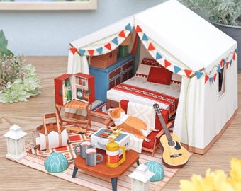 Glamping papercraft for kid template kit Miniature, DIY, printable papercraft, paper model