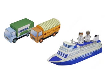 Papercraft Passenger Ship, Truck, convertible car DIY papercraft for kid template kit, printable papercraft, pdf, paper model