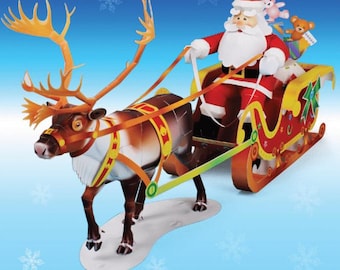 Santa Claus, Christmas, Sleigh, Reindeer, DIY papercraft for kid template kit, printable papercraft, pdf