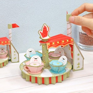 Coffee Cup Carousel, Moving Miniature, DIY paper model, papercraft, paper craft template kit, printable papercraft, pdf