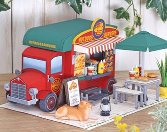 Mobile Hot Dogs & Burgers Van, Foodtruck, Coffee Truck, papercraft for kid template kit Miniature, DIY, printable papercraft, paper model