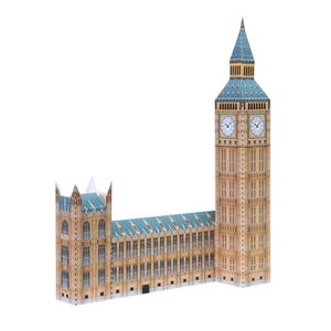 May include: A detailed paper model of the iconic Big Ben clock tower and the Houses of Parliament. The model features a beige and blue color scheme, with intricate architectural details. The clock faces are visible on the tower.