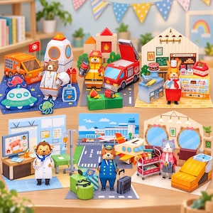 May include: A collection of paper craft dioramas featuring various animal characters in different settings, including a space station, fire station, bakery, hospital, airport, and hair salon, all constructed from colorful cardstock.